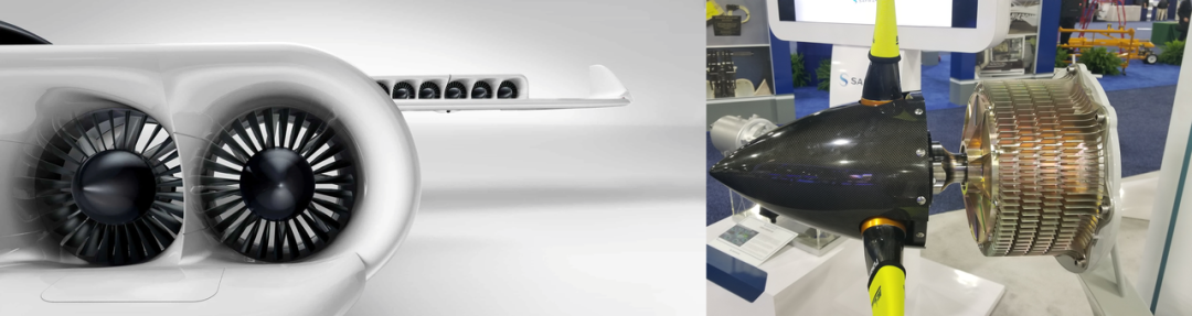 （左）德国飞行汽车公司 Lilium 的分布式电机推进系统设计渲染图与（右）航空发动机公司 Safran 的电机